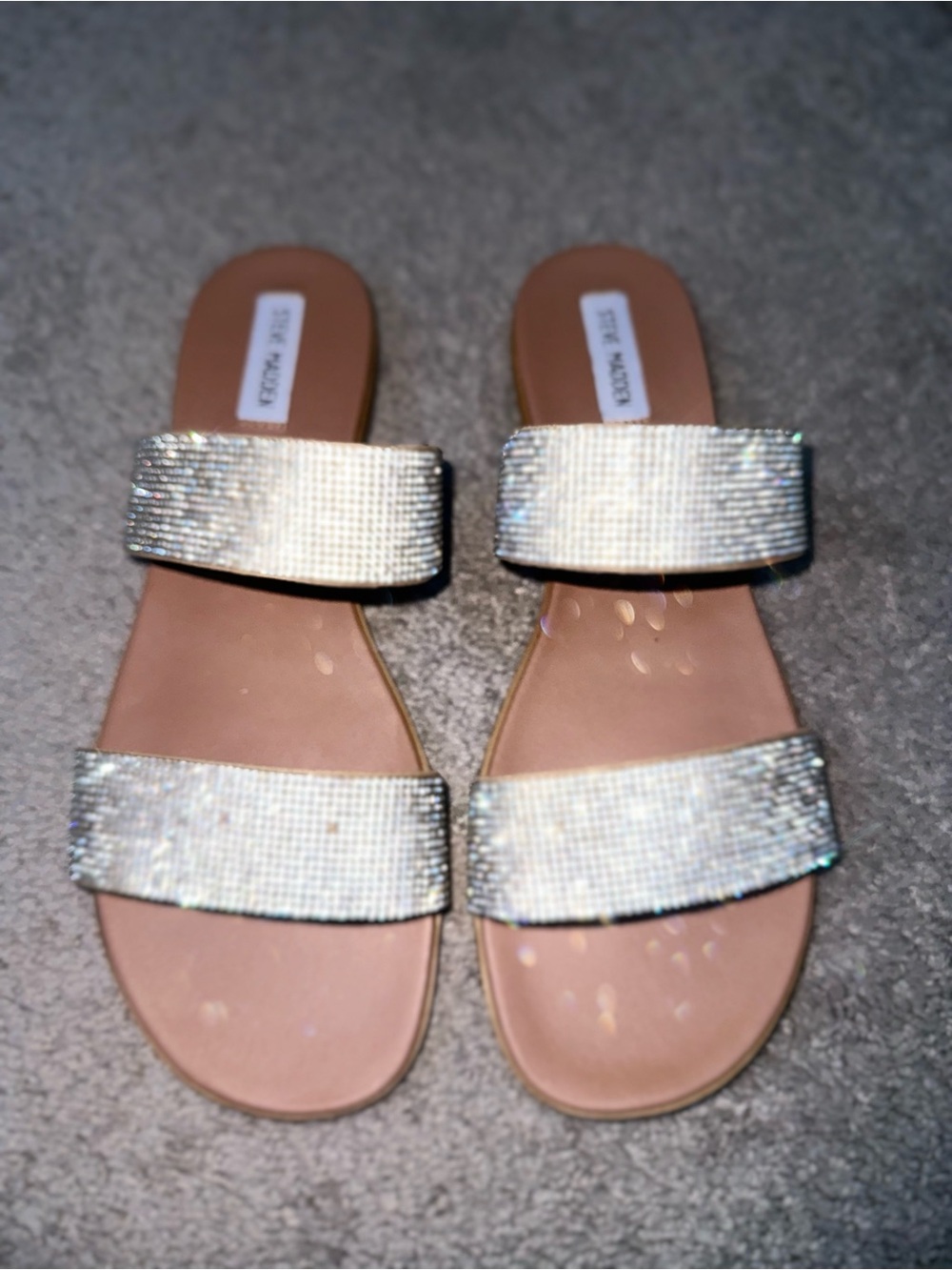 Steve Madden Dual Crystal Double-Strap Slide Sandals in Silver